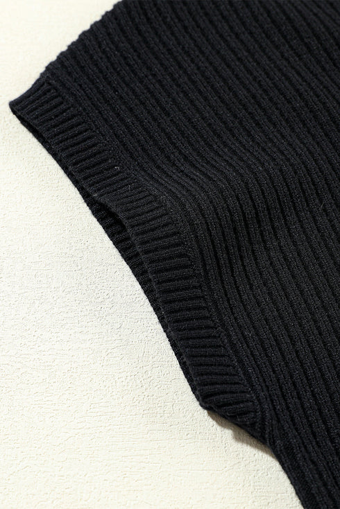 Ribbed Mock Neck Patch Pocket Drop Shoulder Short Sleeve Sweater